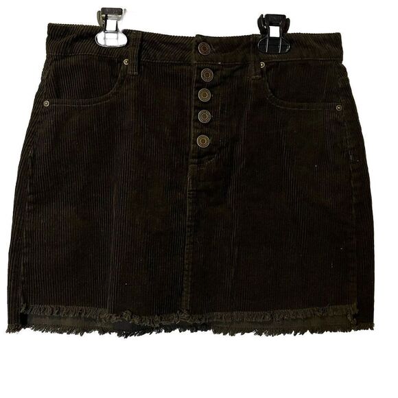 Indigo Rein‎ Mini Skirt Size 5/26 Corduroy Raw Hem Briwn Button Fly - Picture 1 of 9